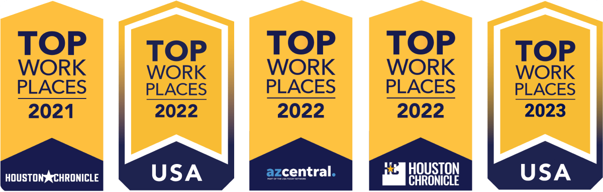 Award banners for "Top Workplaces: 2021, 2022, 2023" from the Houston Chronicle, USA, and AZCentral