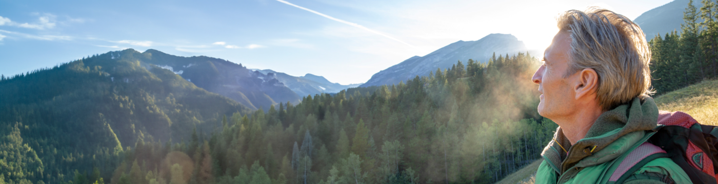 An older man looks out at a forest of pines and distant mountains